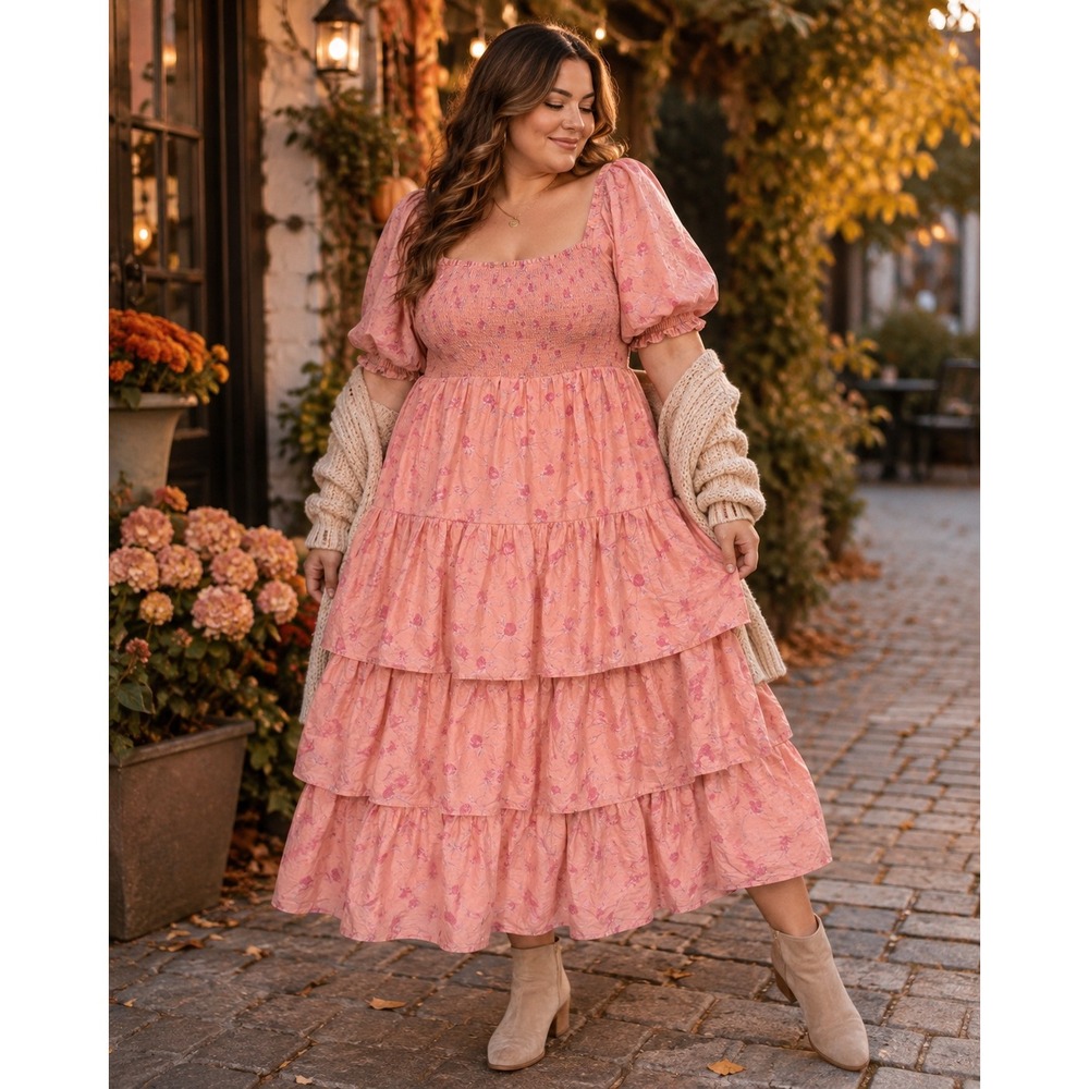 LoveShackFancy Sabina Dress Women 1X Pink Floral Cottagecore Modern Prairie Maxi
